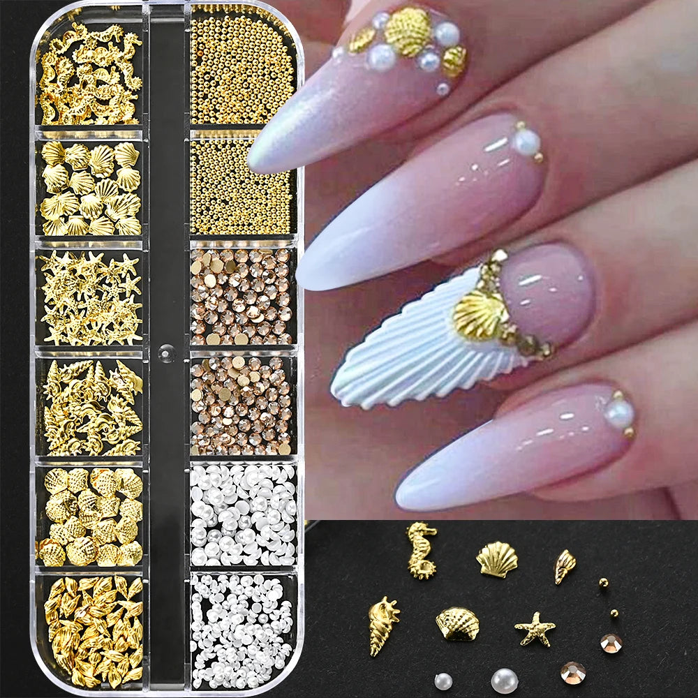 Gold ocean nail charms in 12-grid box – style option 21