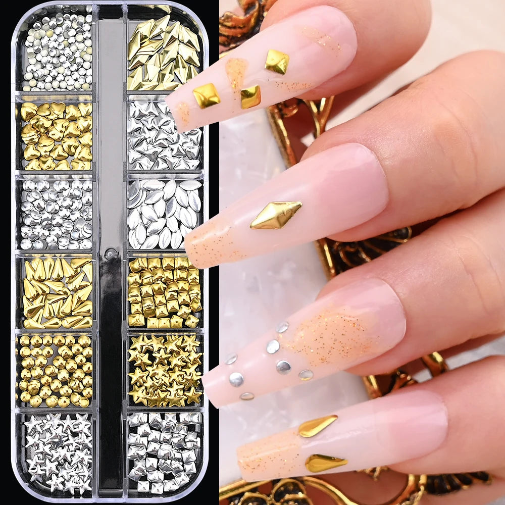 Gold ocean nail charms in 12-grid box – style option 27