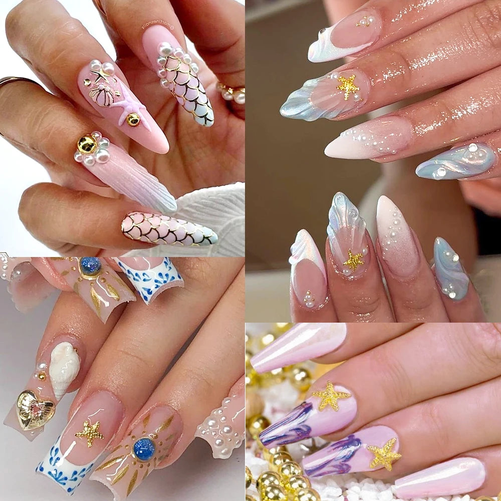 Gold ocean nail charms in 12-grid box – image 2