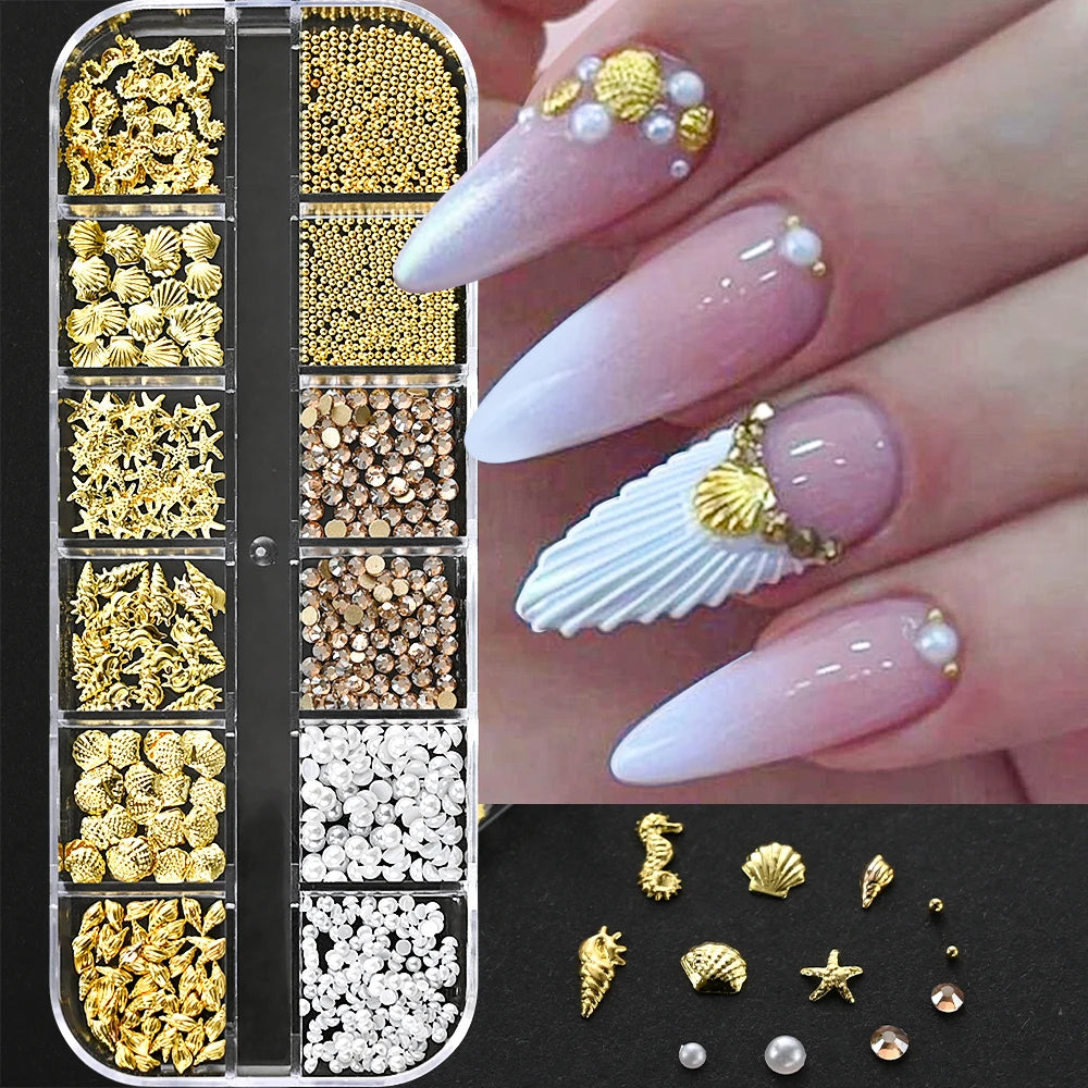 Gold ocean nail charms in 12-grid box
