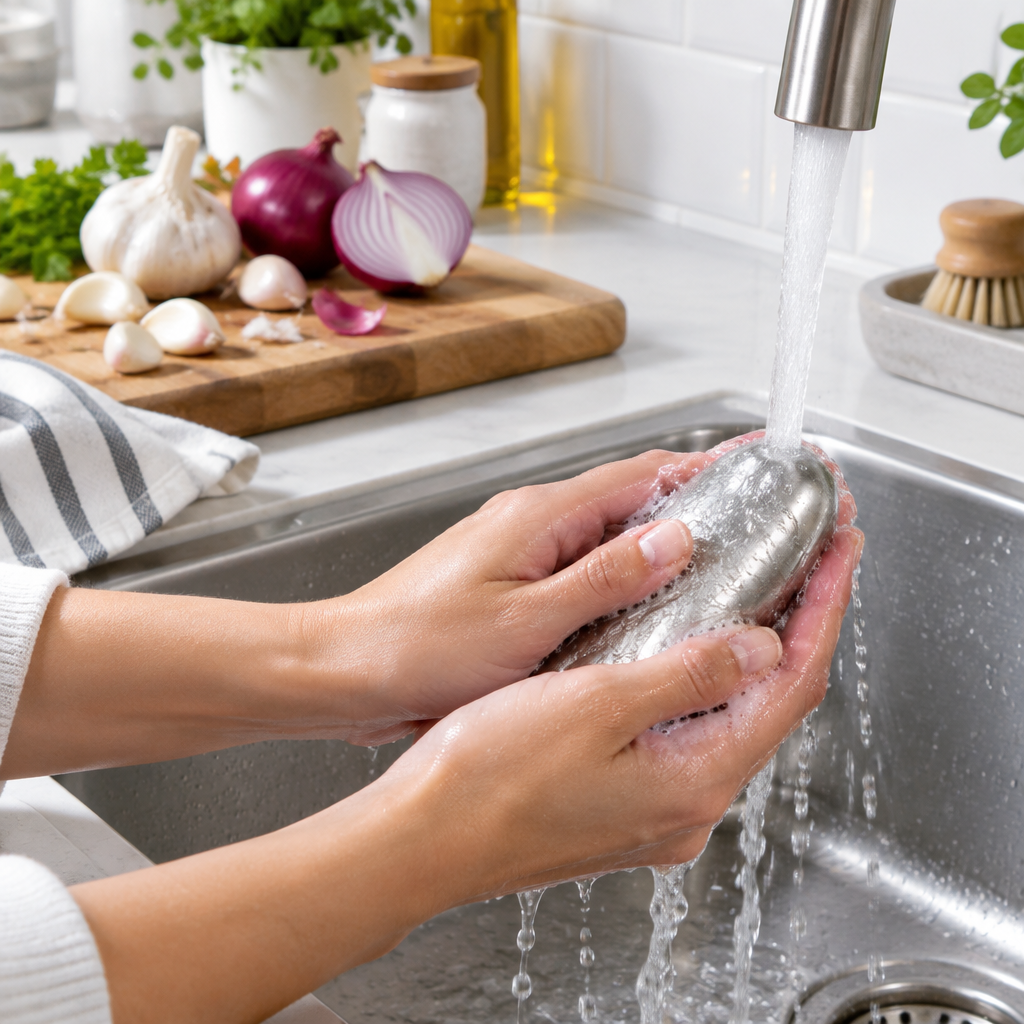 Stainless steel odour removing soap bar being used at kitchen sink