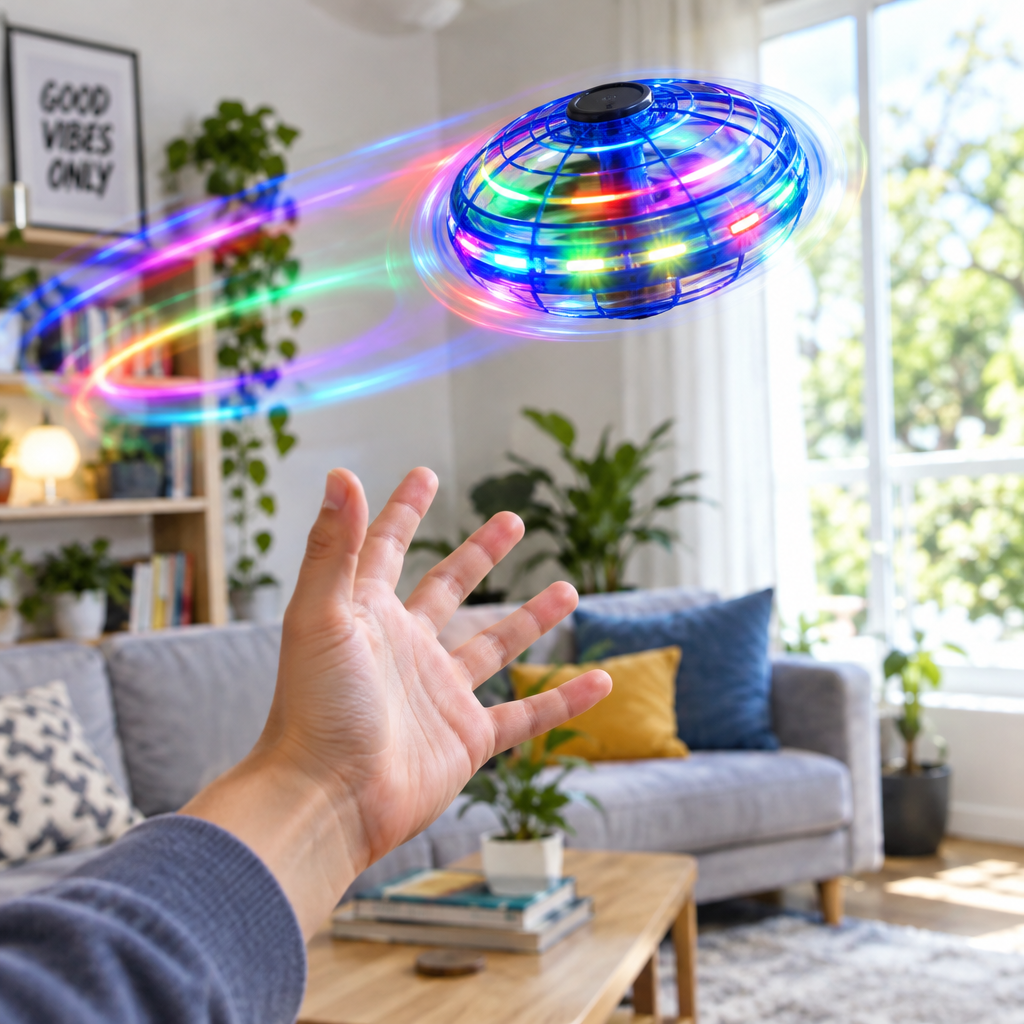 LED flying spinner toy glowing mid-air indoors